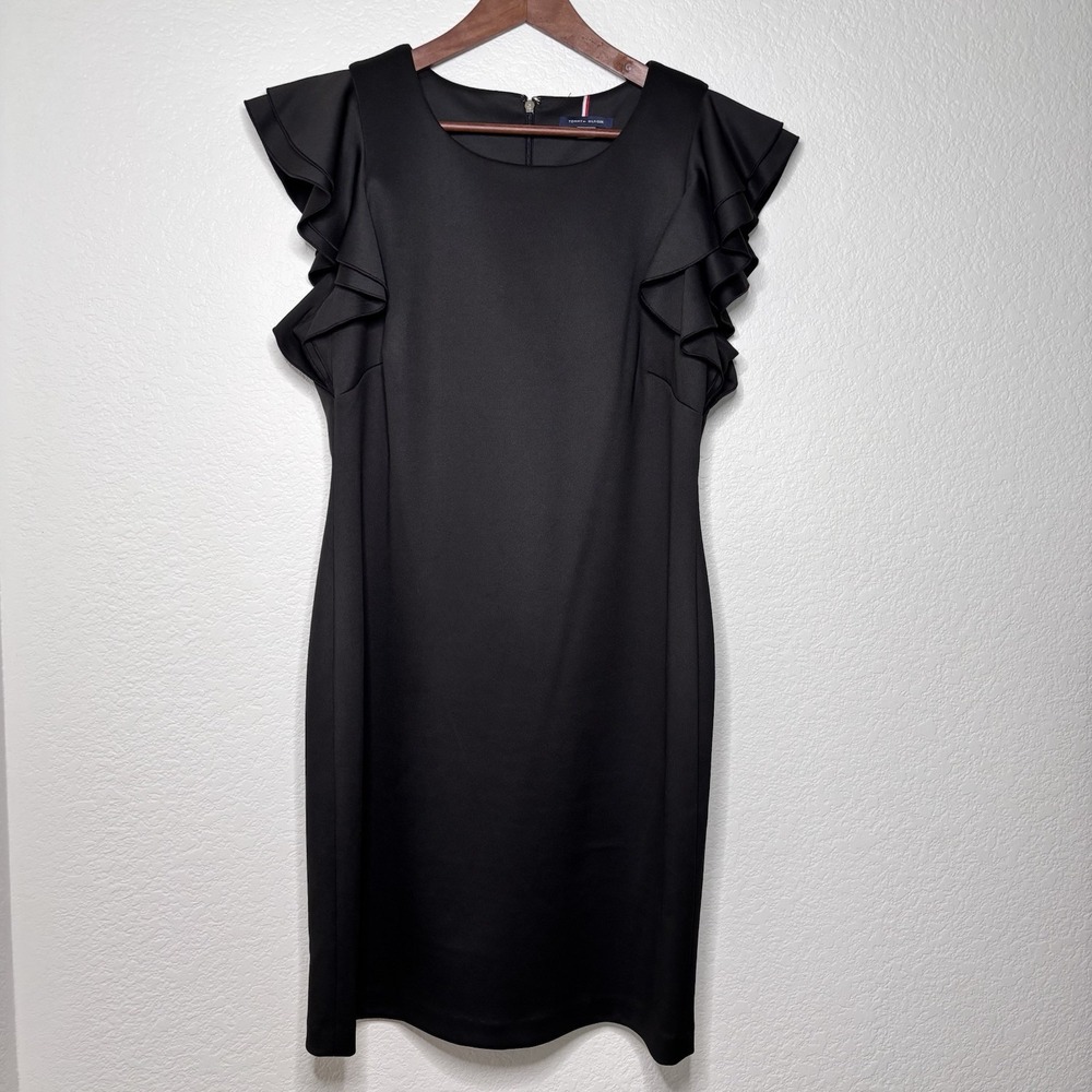 Tommy Hilfiger Black Sheath Dress Size 14 Ruffle Cap Sleeve Scuba Stretch Chic